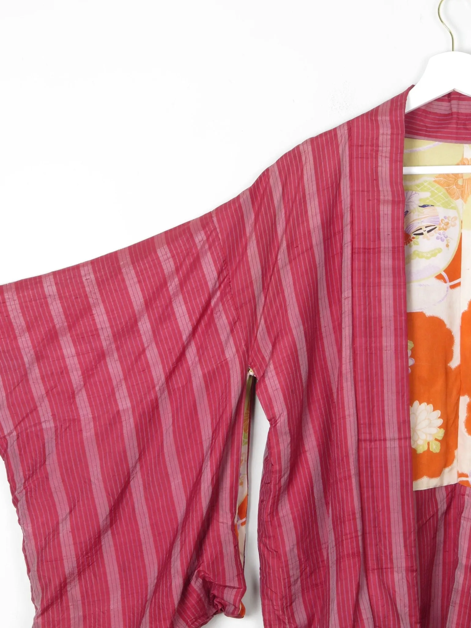 Wine Silk Striped Mid Length Vintage Kimono Haori M
