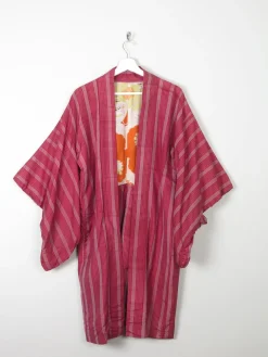 Wine Silk Striped Mid Length Vintage Kimono Haori M
