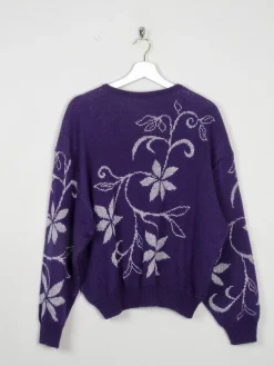 Women's Aubergine Vintage Jumper With Lurex Floral Motifs S/M