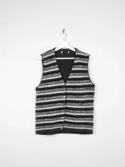 Women's Black & Grey Striped Wool Vintage Waistcoat M