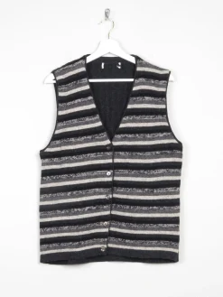 Women's Black & Grey Striped Wool Vintage Waistcoat M