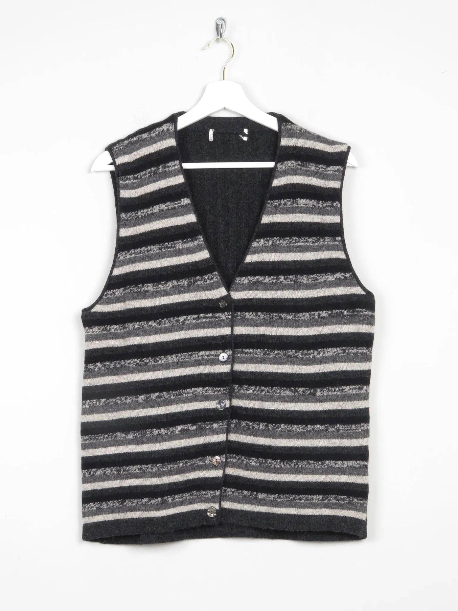 Women's Black & Grey Striped Wool Vintage Waistcoat M