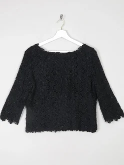 Women's Black Lace 3/4 Sleeved Boat Neck 1950s Evening Top L