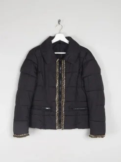 Women's Black Quilted Puffer Jacket With Gold Chain Trims XS/S