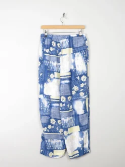 Women's Blue Printed Trousers With Elastic Waist M/L