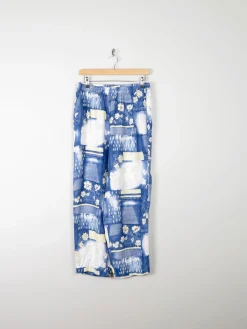 Women's Blue Printed Trousers With Elastic Waist M/L