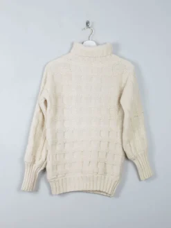 Women's Cream Wool Vintage Aran Polo Neck Jumper S/M