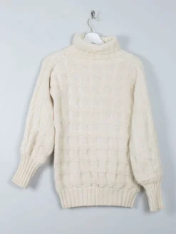 Women's Cream Wool Vintage Aran Polo Neck Jumper S/M