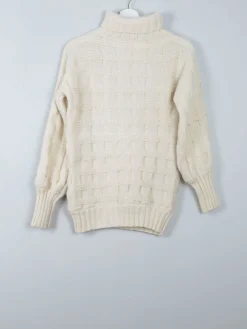 Women's Cream Wool Vintage Aran Polo Neck Jumper S/M