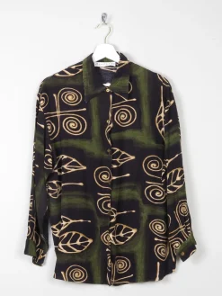 Women’s Green Vintage Printed Blouse With Collar S/M