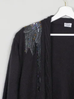 Women's Knitted Black Open Cardigan With Motifs M-XL