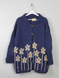 Women's Navy Vintage Wool Cardigan Handmade L/XL