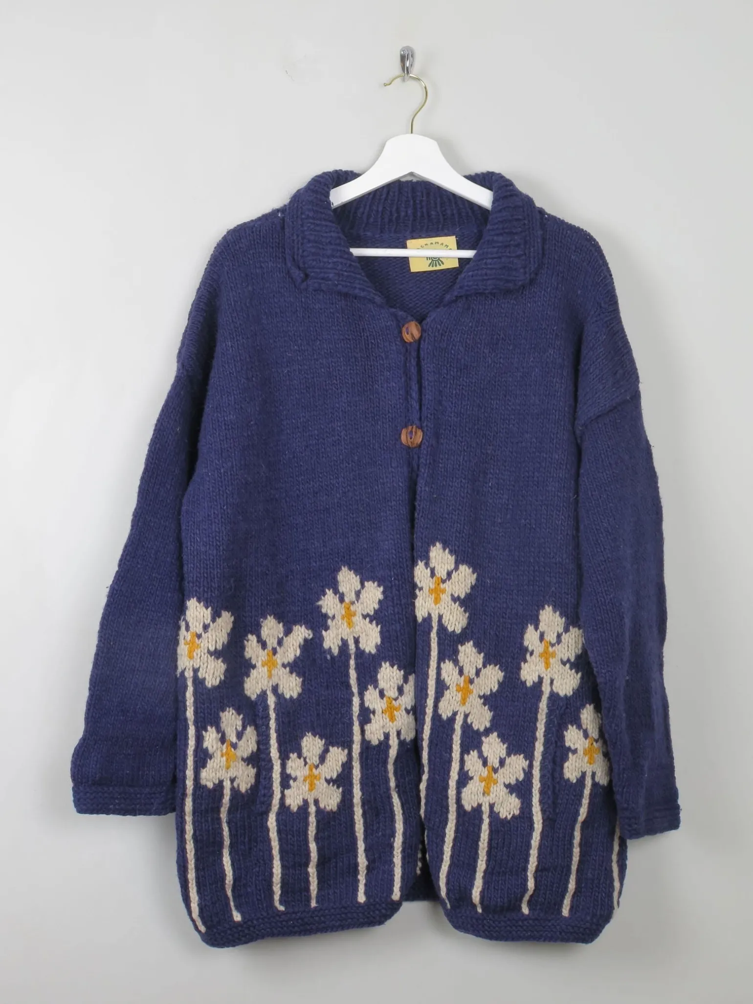 Women's Navy Vintage Wool Cardigan Handmade L/XL