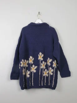 Women's Navy Vintage Wool Cardigan Handmade L/XL