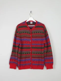 Women's Red Patterned Vintage Cardigan L /XL