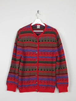 Women's Red Patterned Vintage Cardigan L /XL