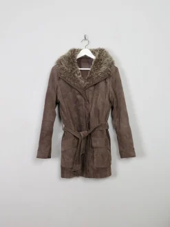 Women's 90's Brown Suede Jacket With Furry Hood M
