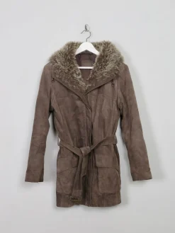 Women's 90's Brown Suede Jacket With Furry Hood M