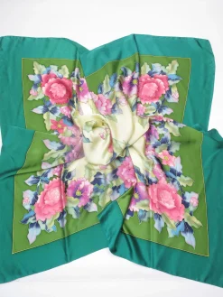 Women's Silk Large Vintage Scarf Green Printed