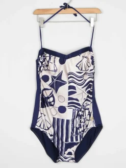 Women’s Vintage Beach Print Navy Swimsuit M