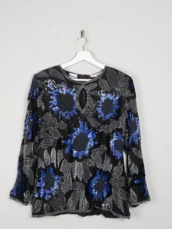 Women’s Vintage Black & Blue Beaded Long Sleeved Top M