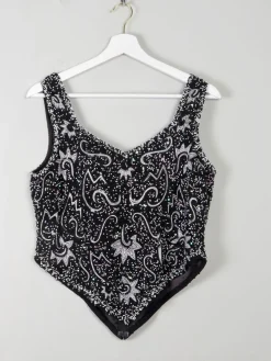 Women's Vintage Black & White Beaded Bustier Top S/M