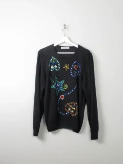 Women's Vintage Black Cotton Embellished Jumper M