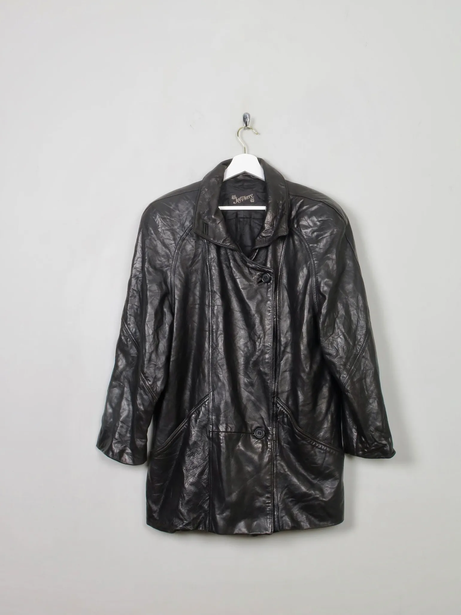 Women's Vintage Black Leather Long Jacket M/L