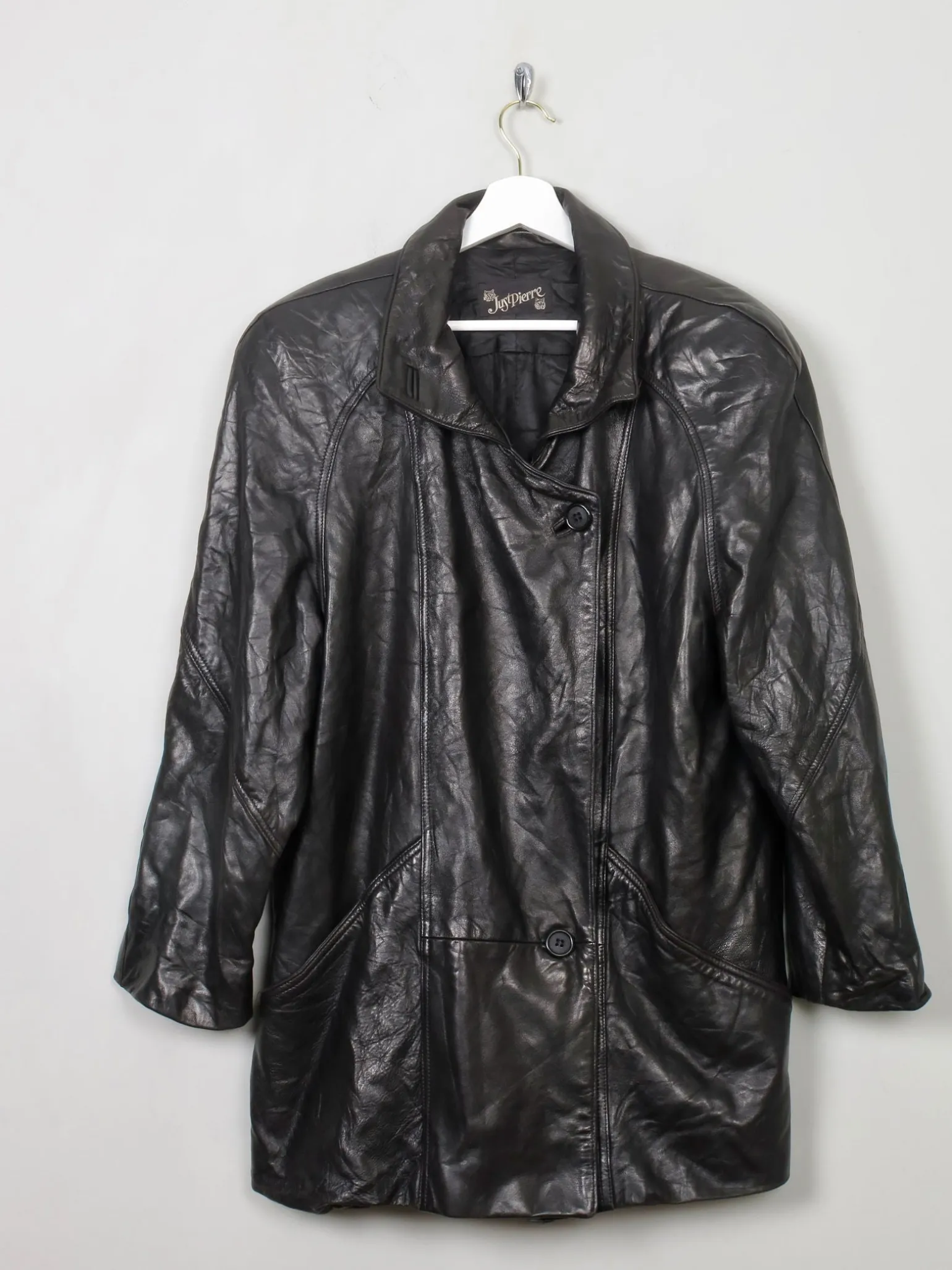 Women's Vintage Black Leather Long Jacket M/L