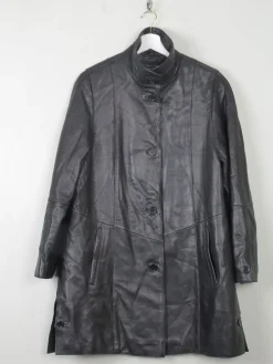 Women's Vintage Black Leather Long Jacket M