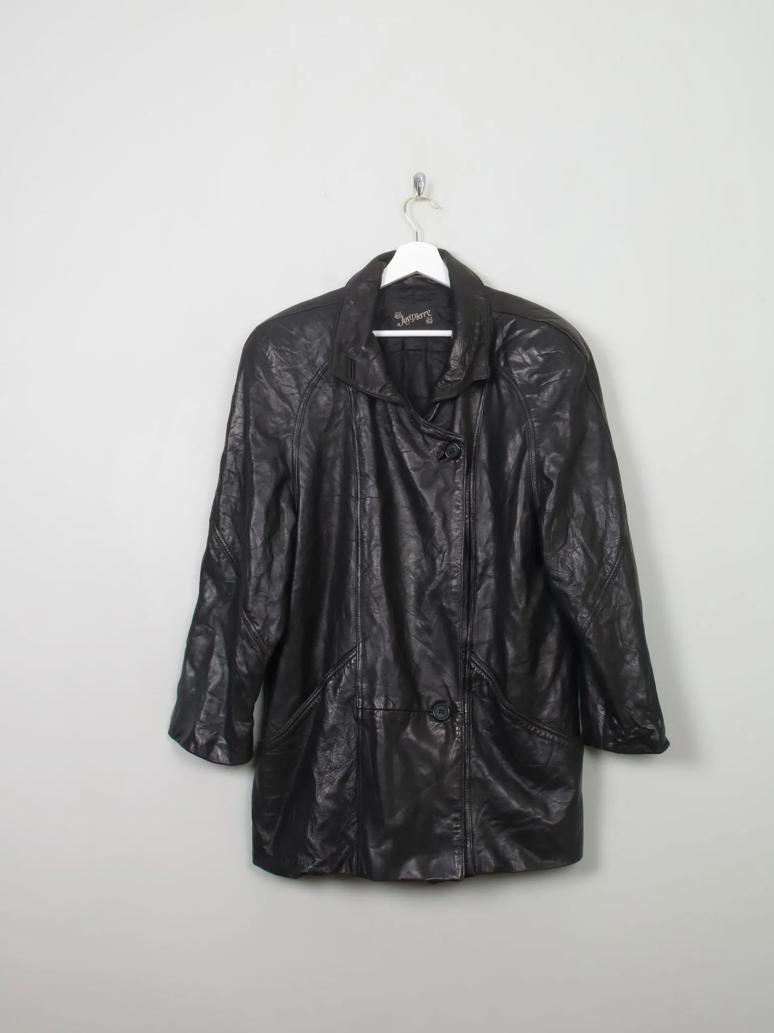 Women's Vintage Black Leather Long Jacket M/L