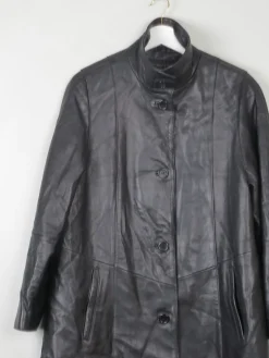 Women's Vintage Black Leather Long Jacket M