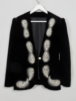 Women's Vintage Black Velvet Jacket With Pearls M