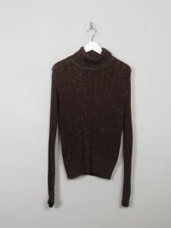 Women's Vintage Brown & Gold Polo Neck Top M/L