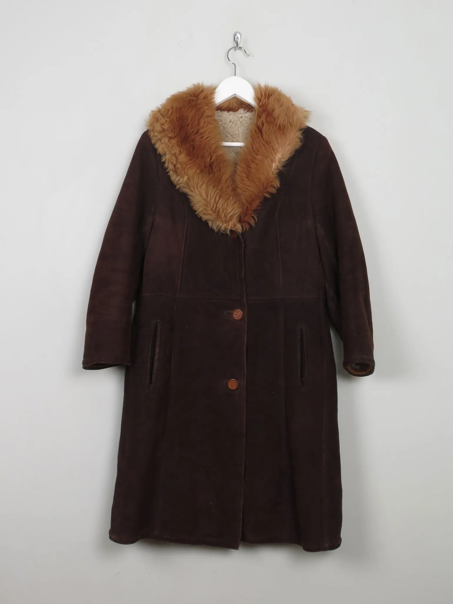 Women's Vintage Brown Sheepskin Coat With Furry Collar M
