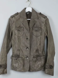 Women's Vintage Khaki Leather Jacket 1990s XS/8