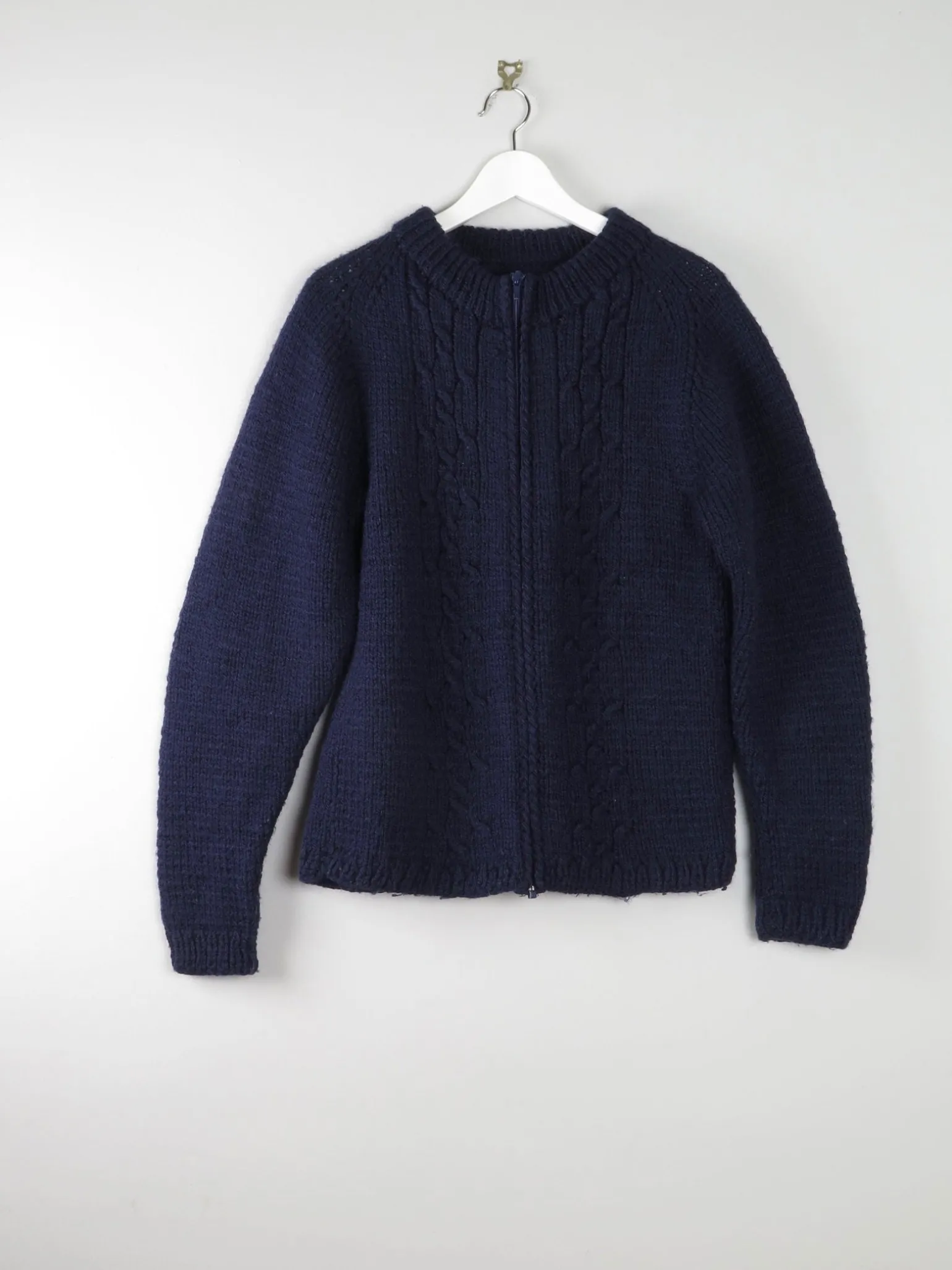 Women's Vintage Navy Wool Hand Knit Cardigan With Zip M