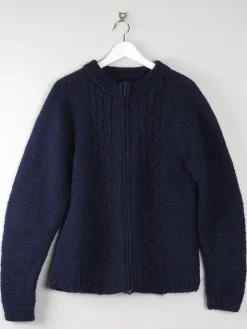 Women's Vintage Navy Wool Hand Knit Cardigan With Zip M