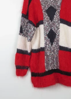 Women's Vintage Red Mohair Patchwork Hand-knit Jumper M/L
