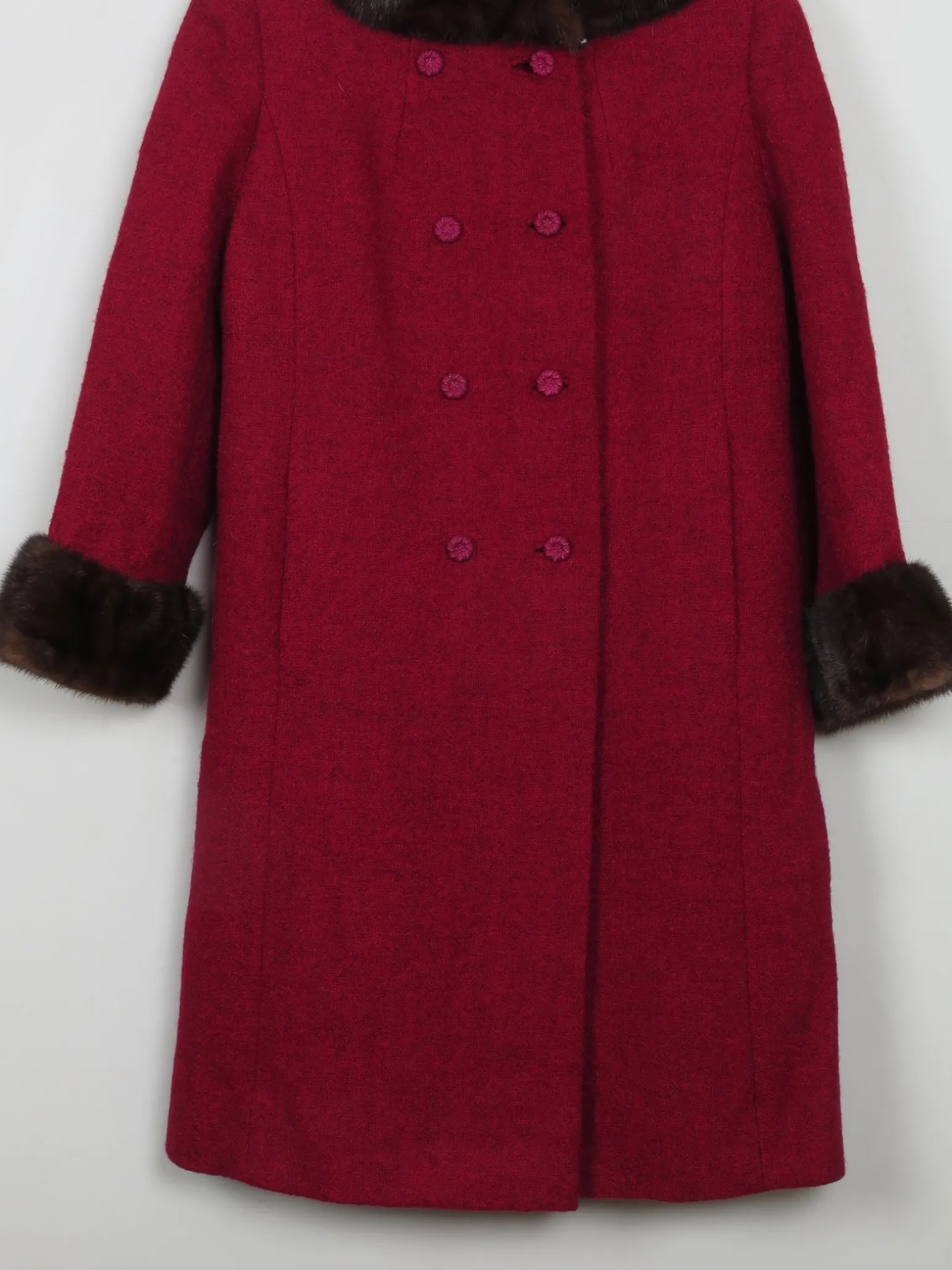 Women's Vintage Red Tweed Coat With Mink Trims S/M