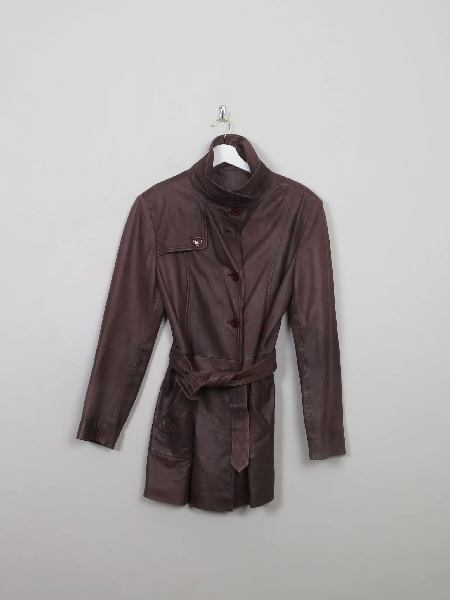 Women's Vintage Soft Brown Leather Belted Short Coat S/M
