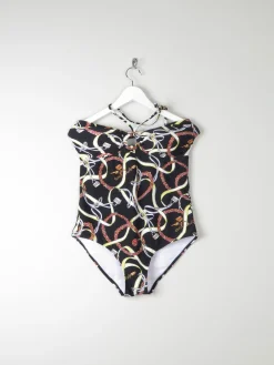 Women’s Vintage Style Halter-neck  Padded Black Swimsuit With Horse Bit Print 48 XL