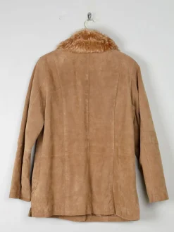 Women's Vintage Tan Suede Jacket With Furry Collar M