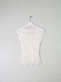 Women's Vintage White Crochet V-Neck Top S