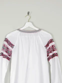 Women's White Peasant Blouse With Embroidery & Tassels S/M